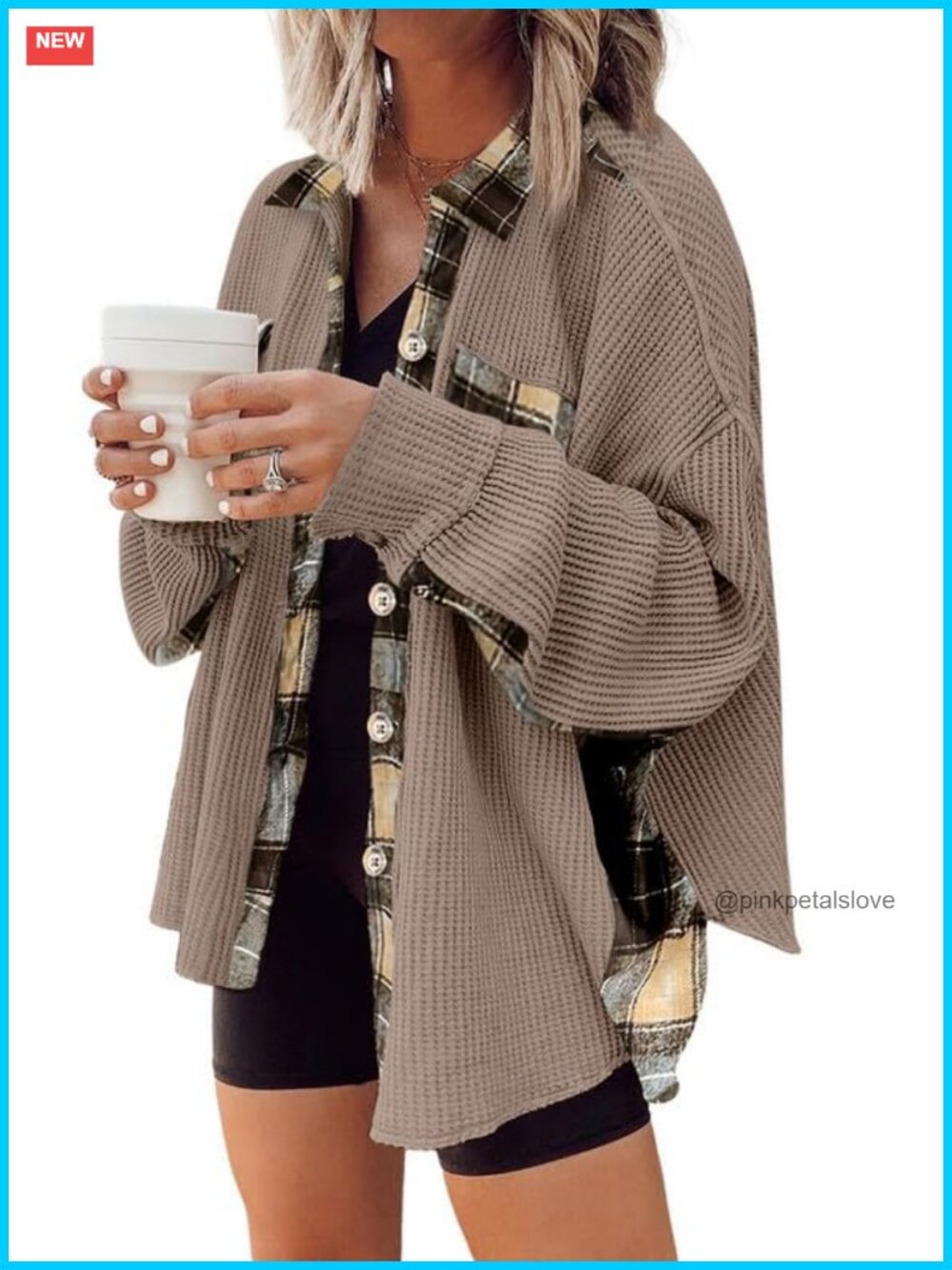 Waffle Knit Plaid Shacket Button Down Flannel Shirt Long Sleeve Loose Fit Top